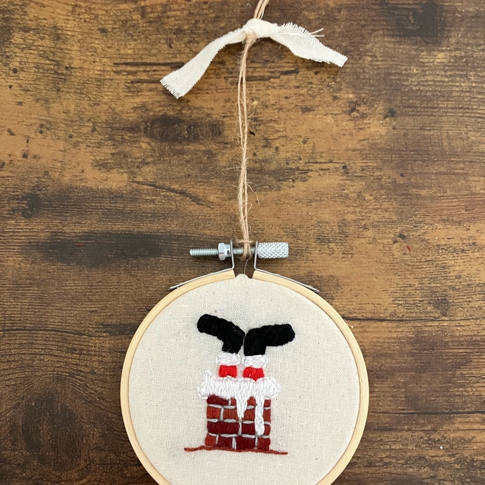 Christmas Ornament, Embroidered Santa Stuck in Chimney Hoop Art, Handmade